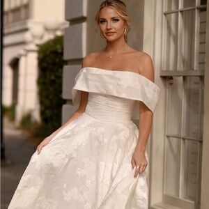 Cream Off-Shoulder Wedding Gown with detachable shawl bodice